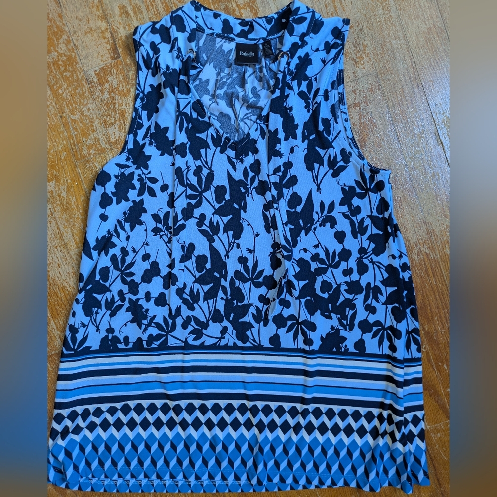 Rafaella Blue Cream Blouse with Geometric Patterns